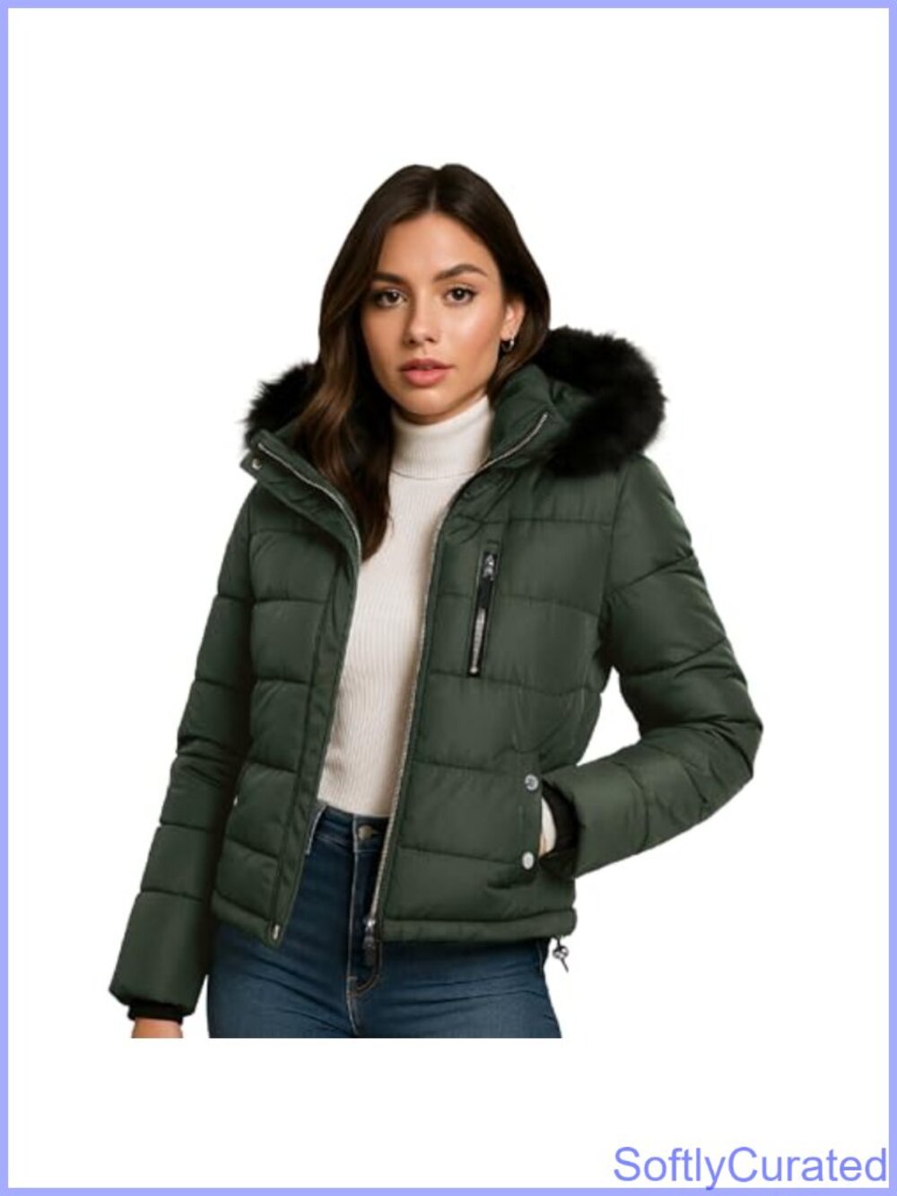 Cropped Puffer Jacket Faux Fur Hood Insulated Quilted Winter Coat for Women